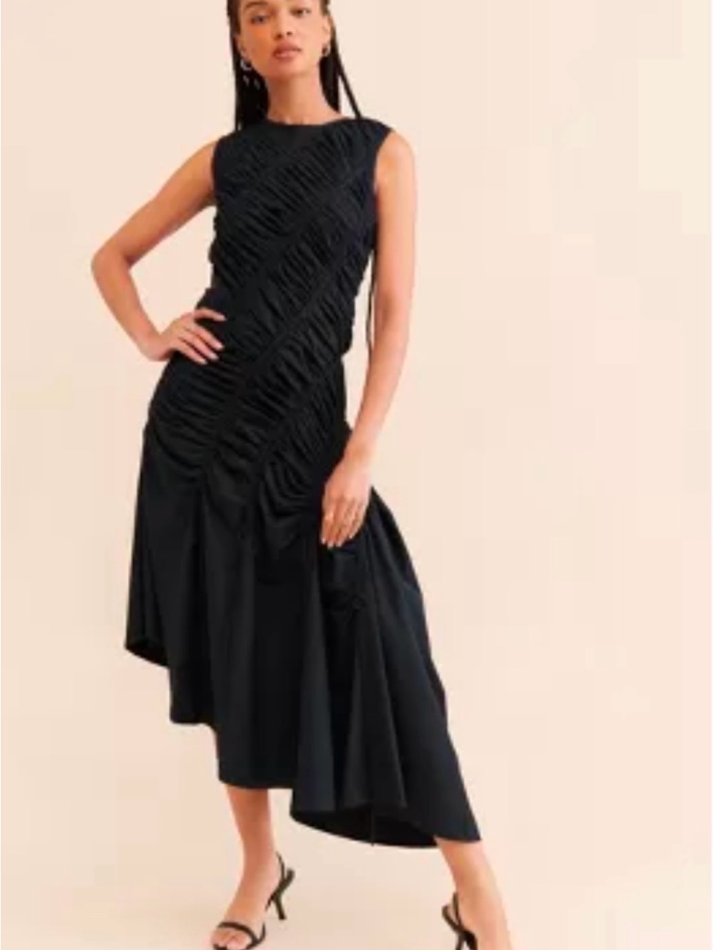 Let Me Be Ruched Asymmetrical Hem Midi Dress